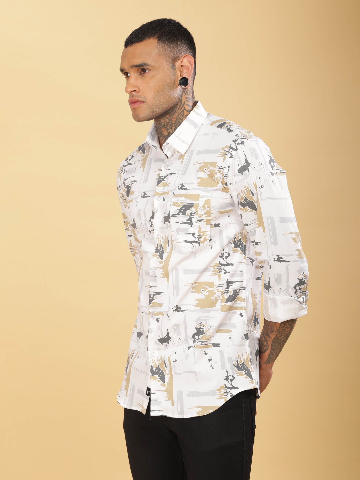  Grey & Golden Abstract Printed Shirt for Men