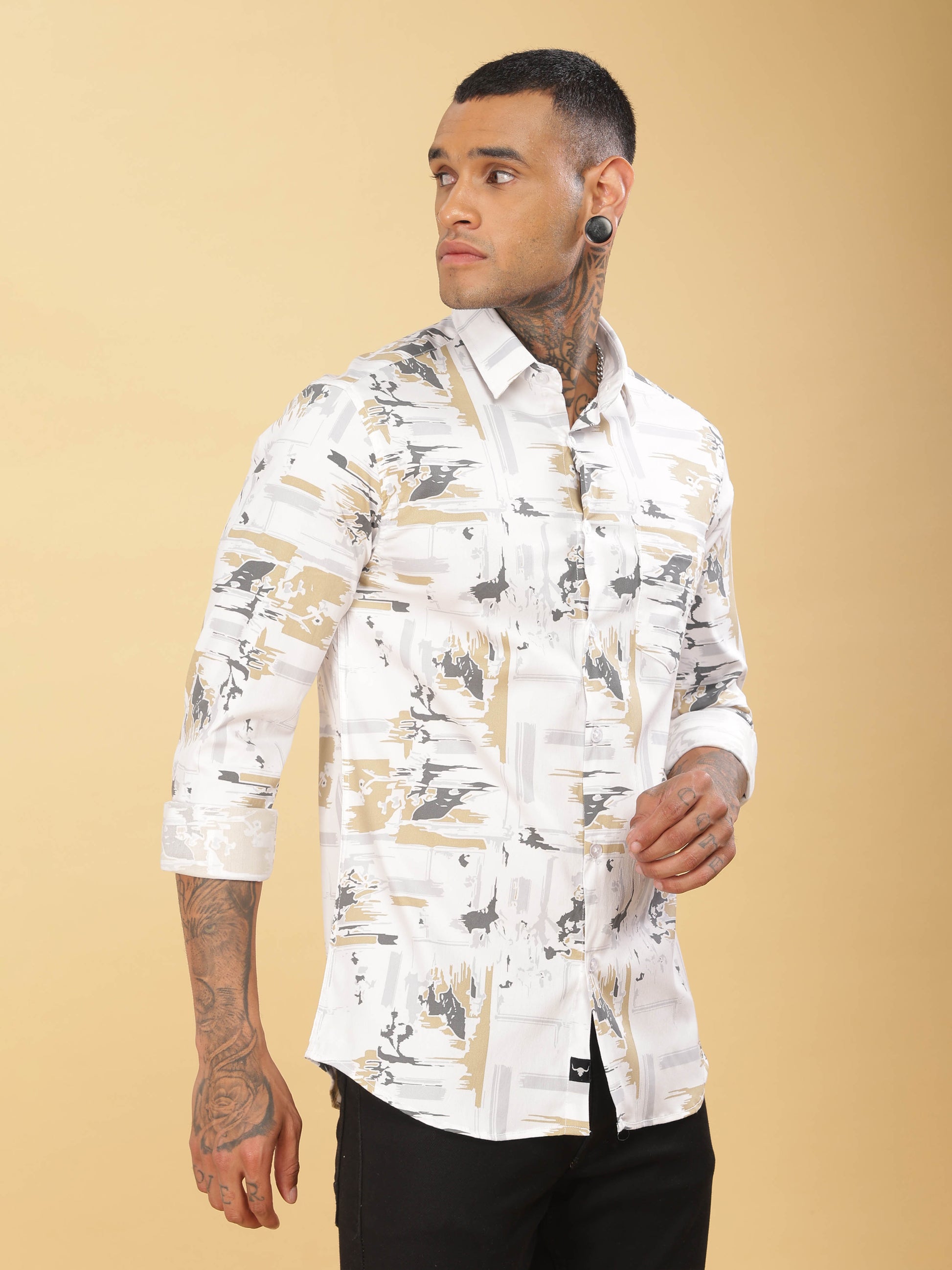  Grey & Golden Abstract Printed Shirt for Men