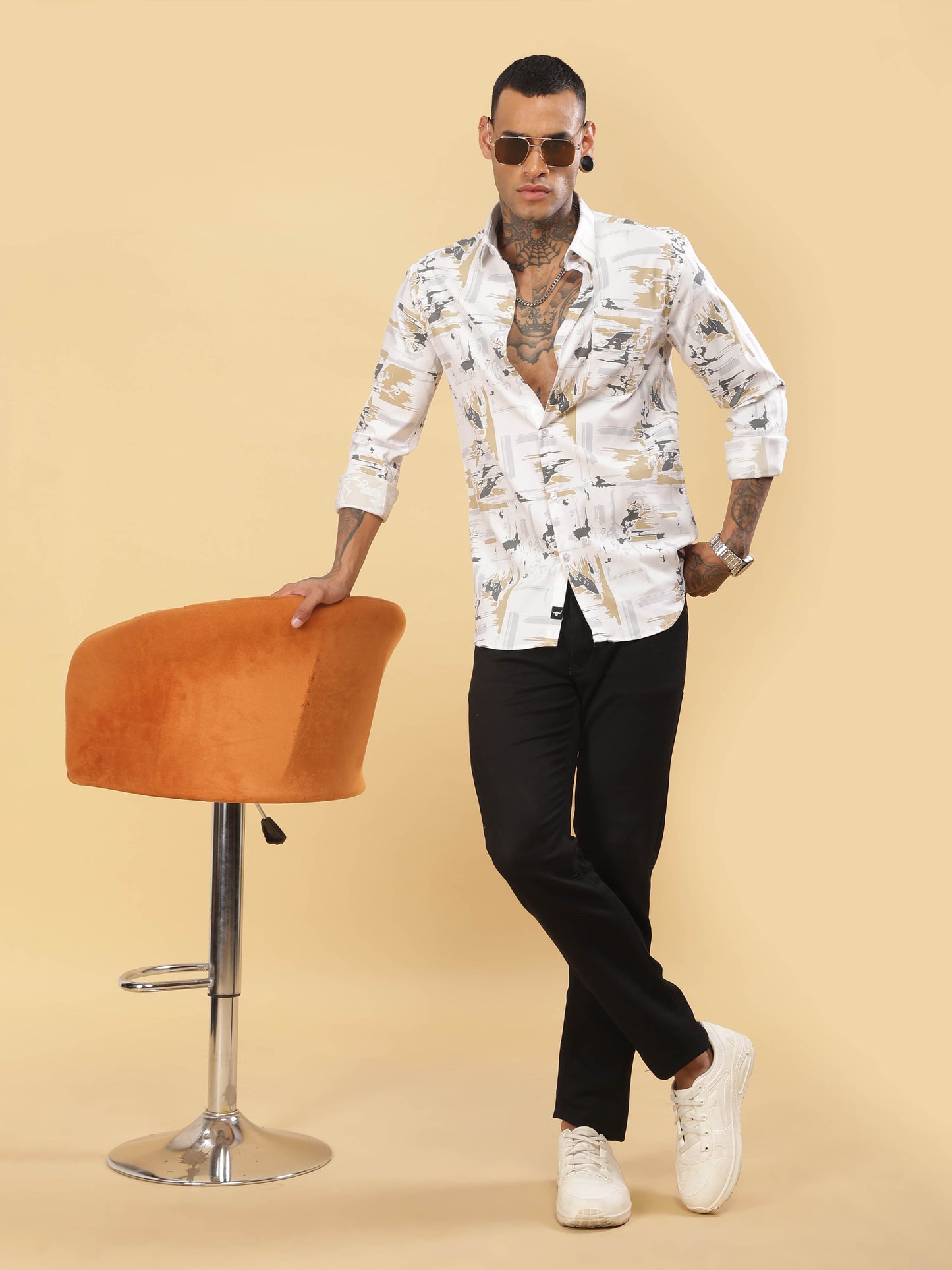  Grey & Golden Abstract Printed Shirt for Men