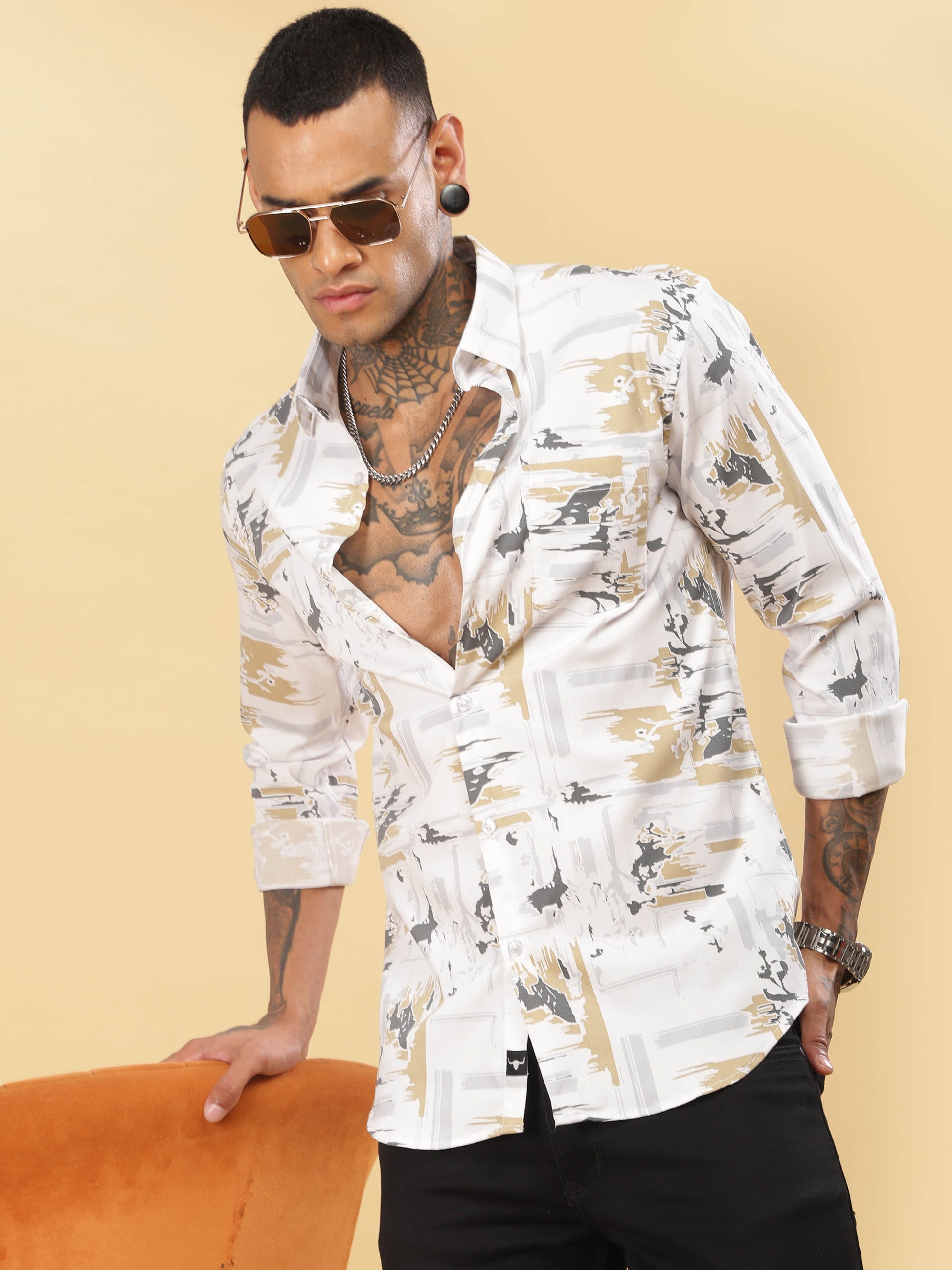  Grey & Golden Abstract Printed Shirt for Men