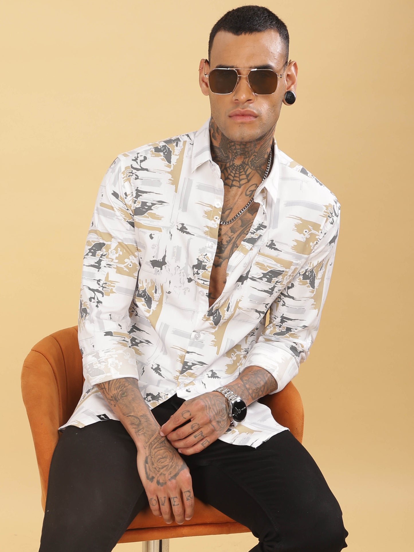  Grey & Golden Abstract Printed Shirt for Men