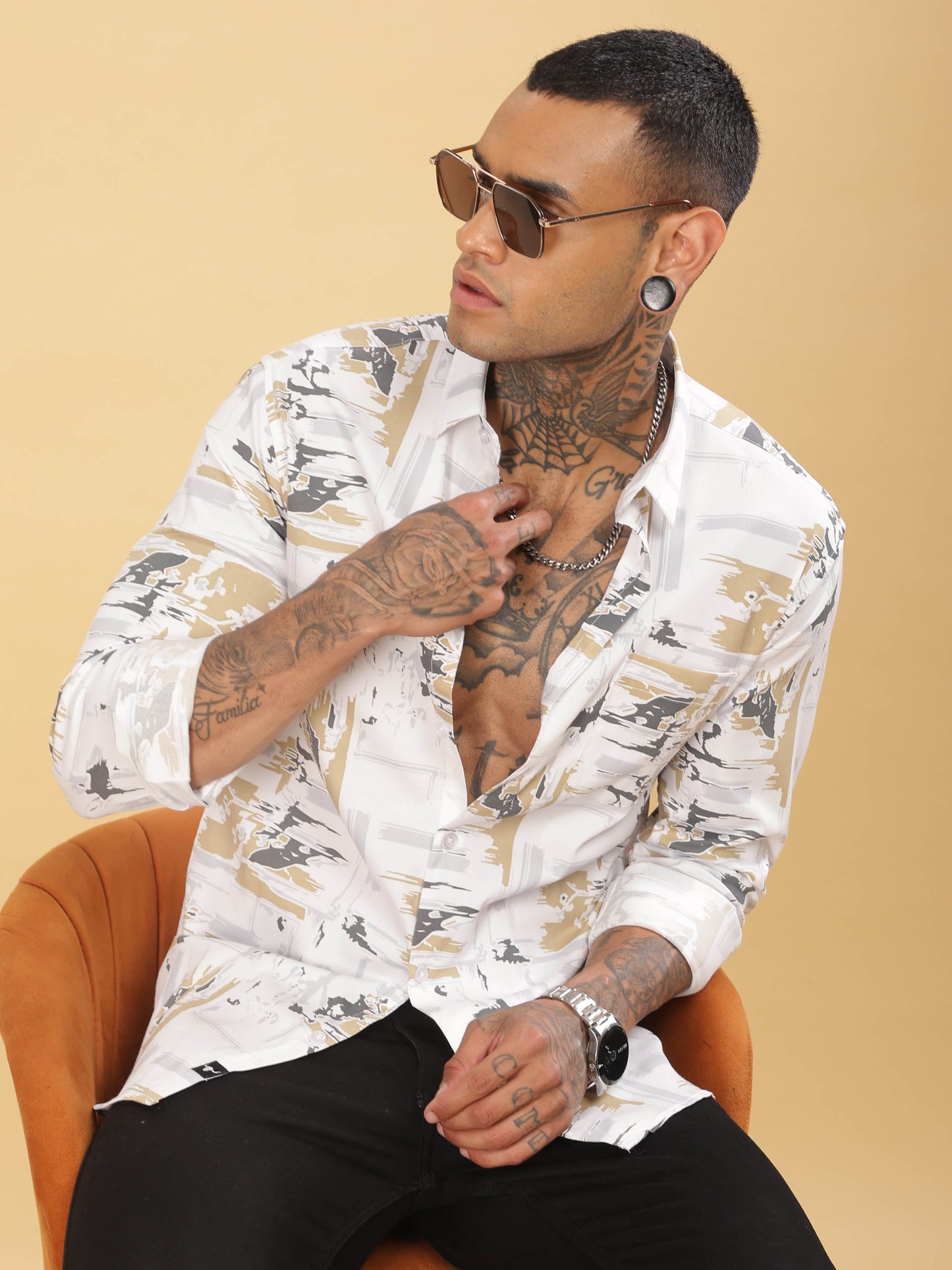  Grey & Golden Abstract Printed Shirt for Men