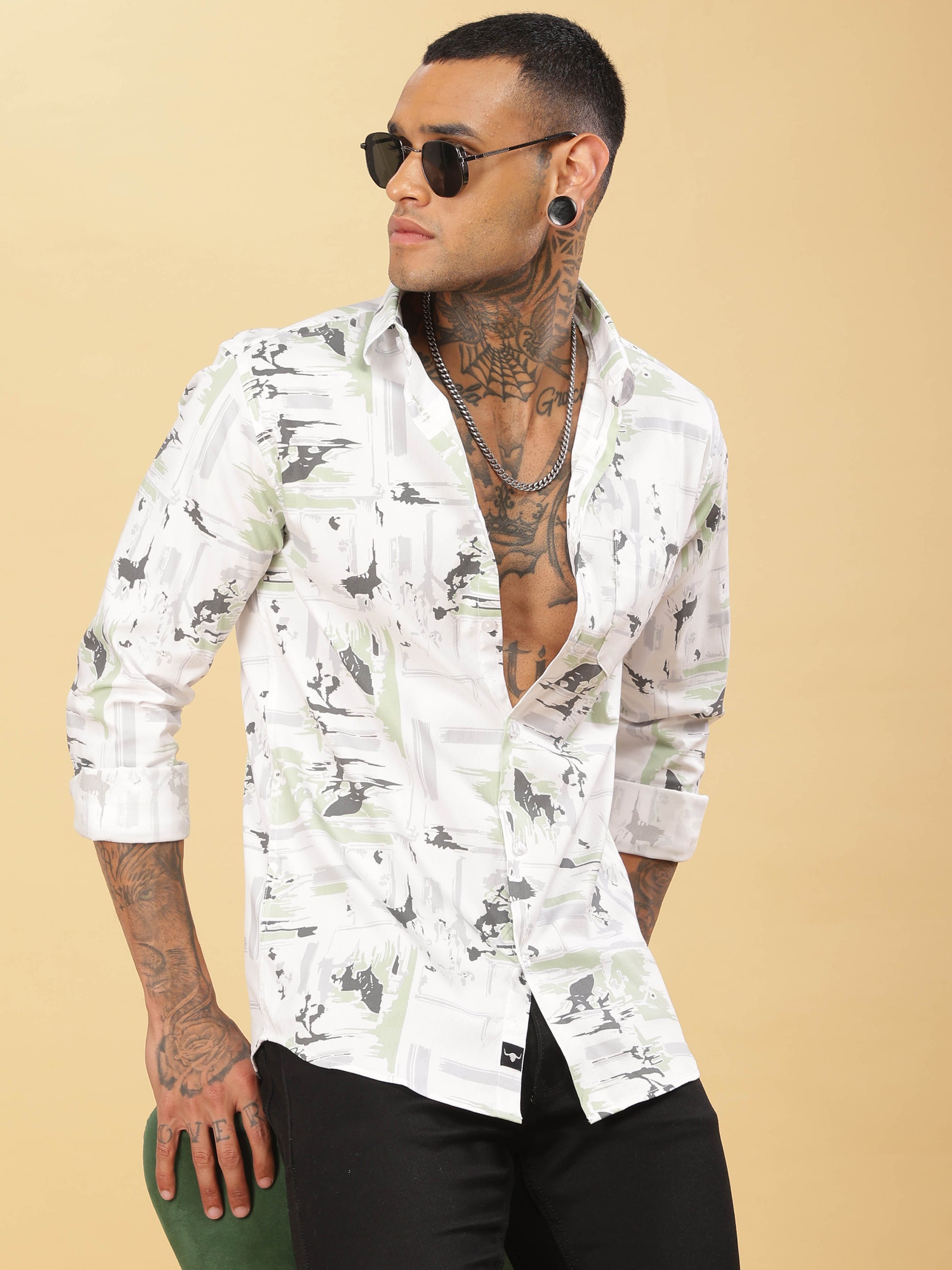 Grey & Pista Abstract Printed Shirt for Men