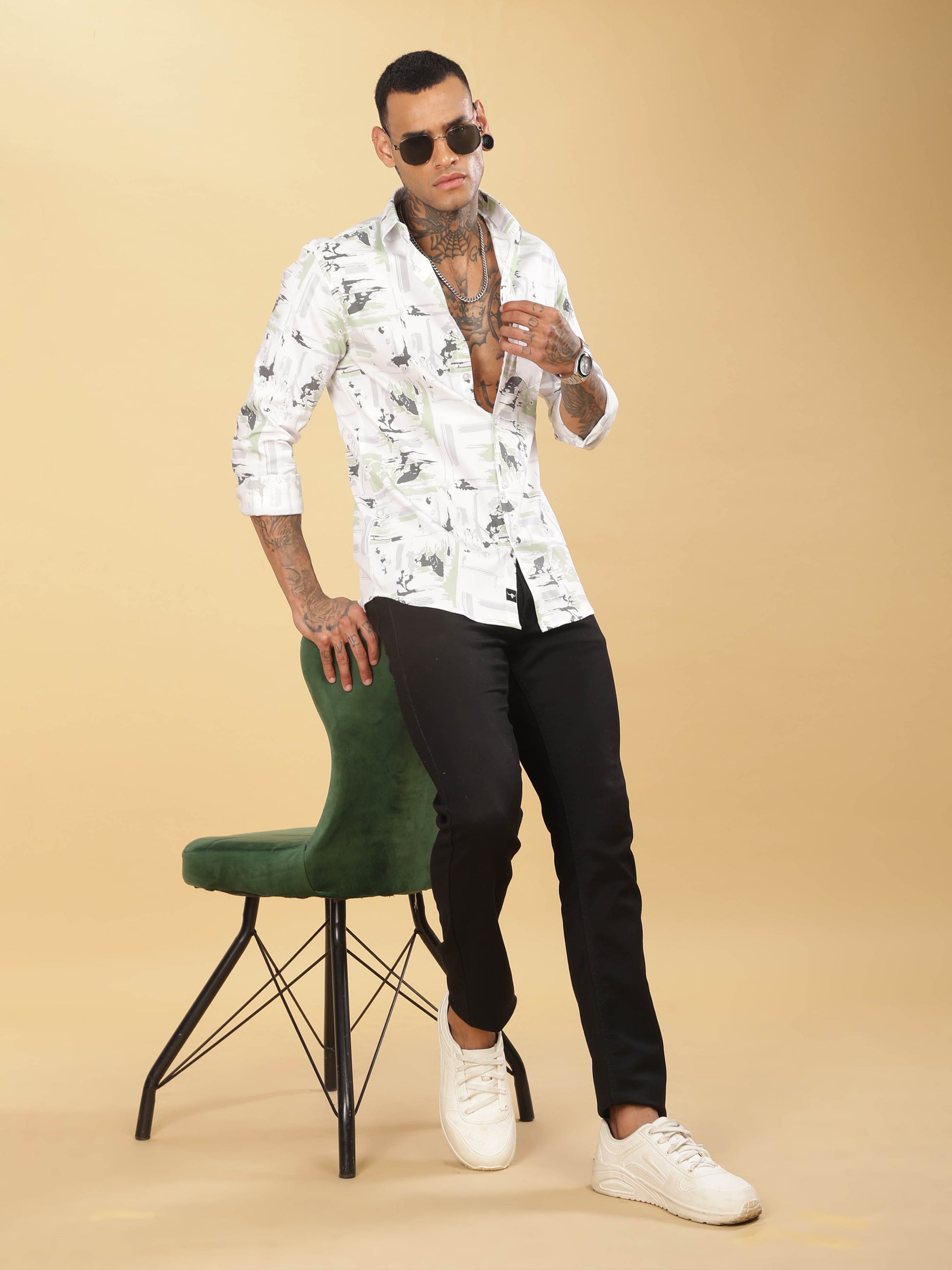 Grey & Pista Abstract Printed Shirt for Men