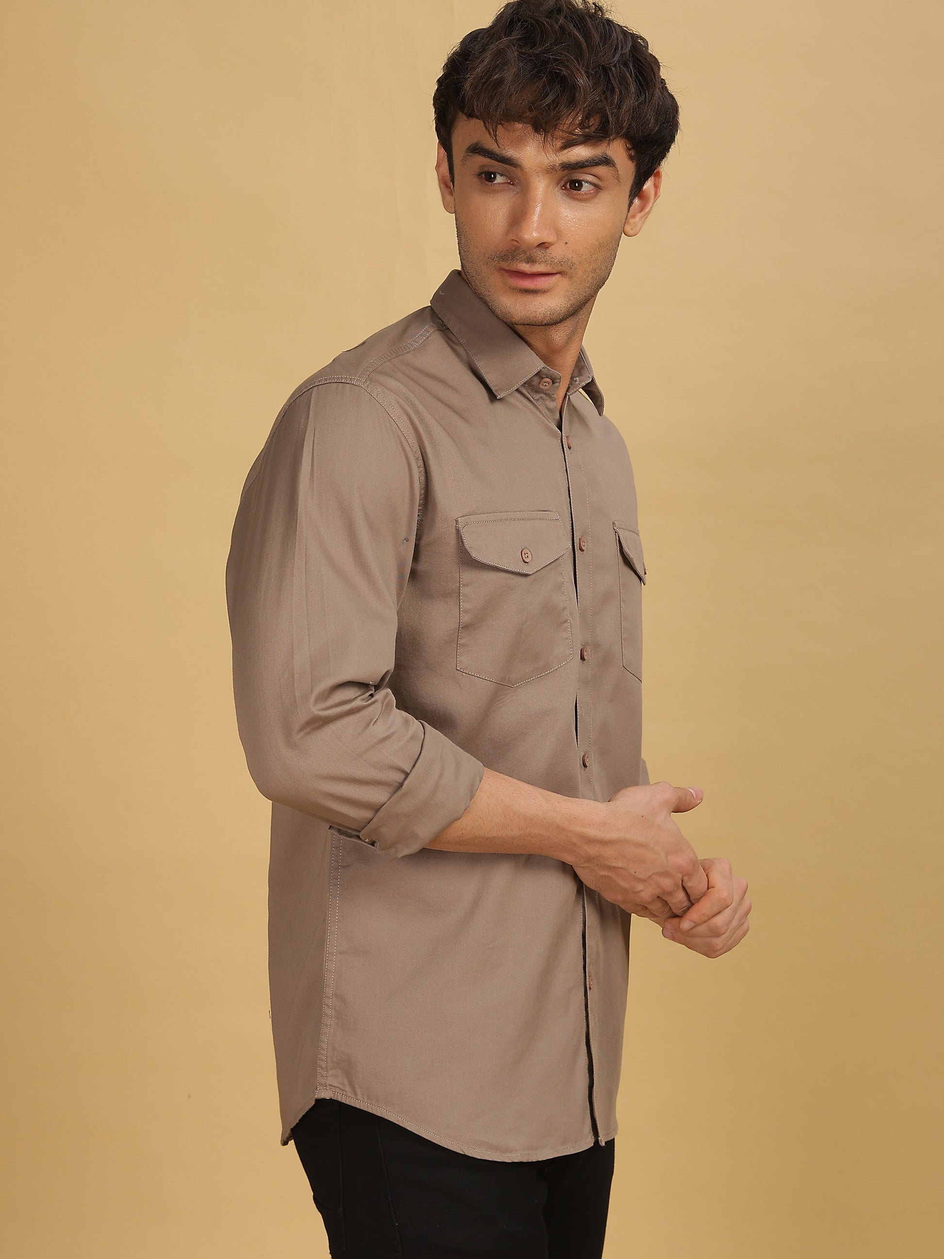 Mens Brown Double Pocket Shirt 