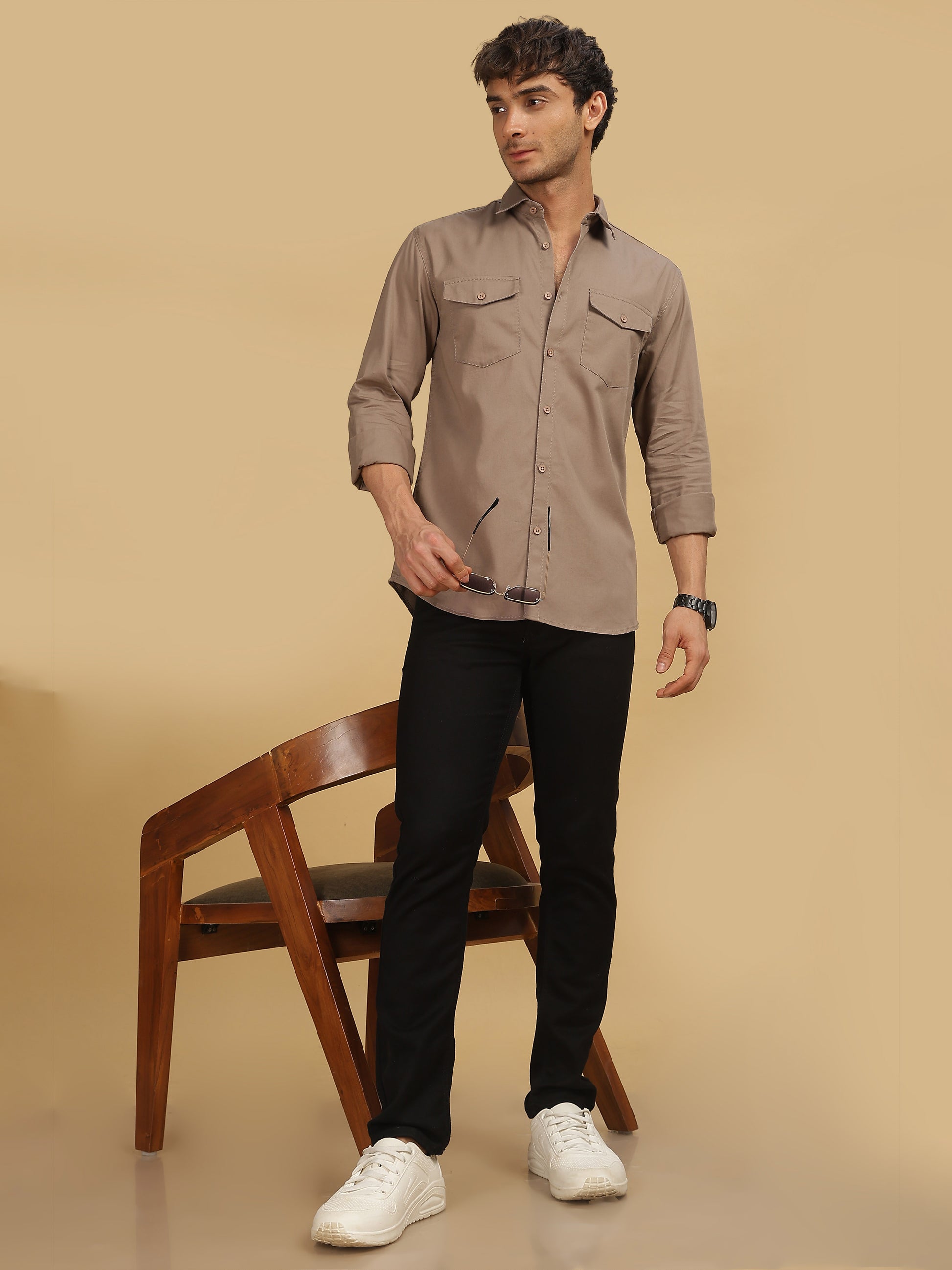 Mens Brown Double Pocket Shirt 