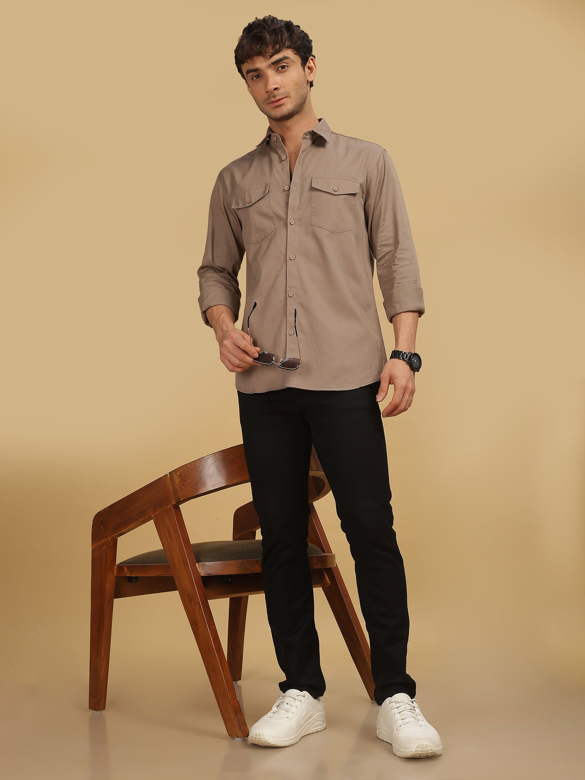 Mens Brown Double Pocket Shirt 