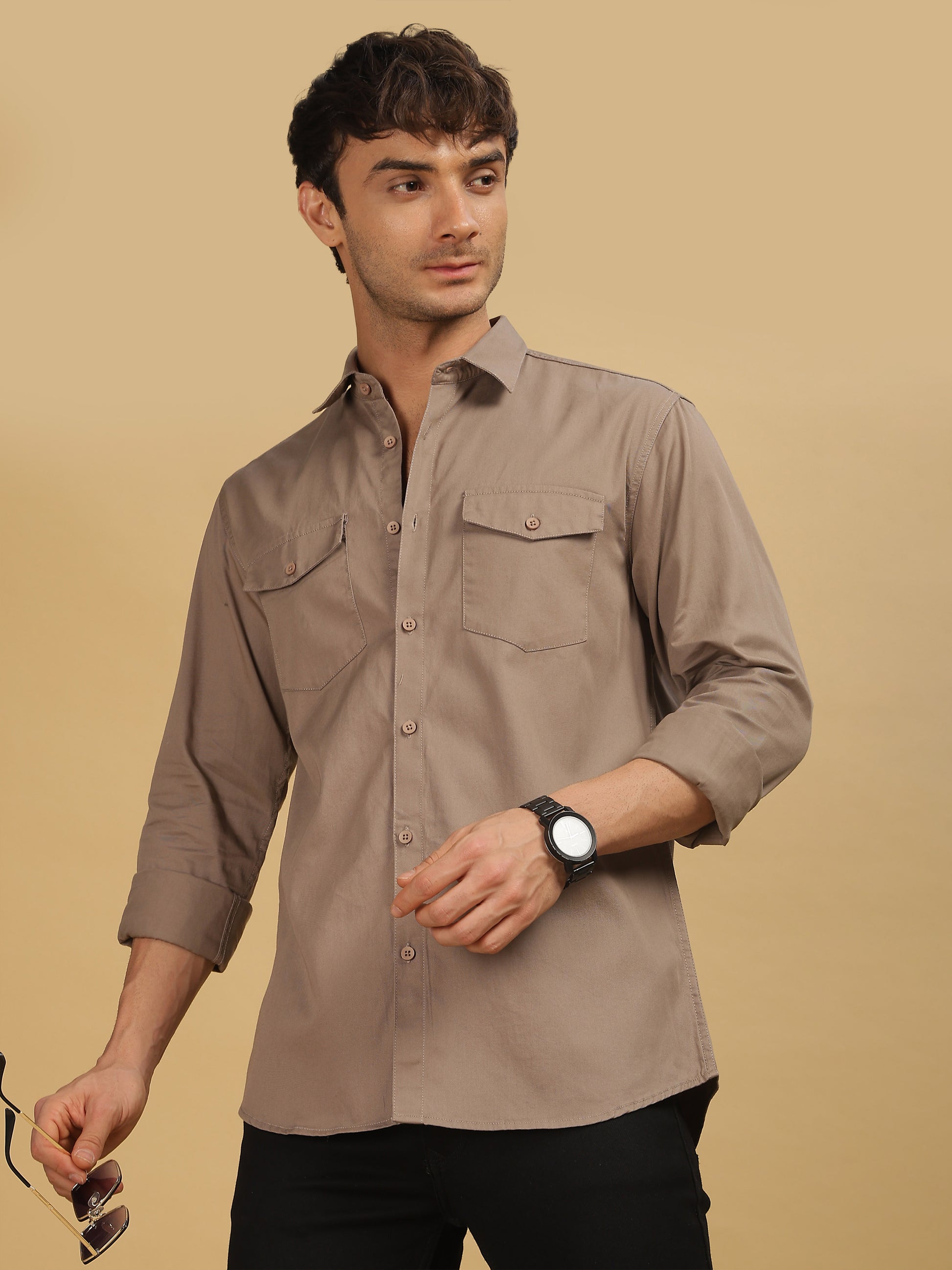 Mens Brown Double Pocket Shirt 