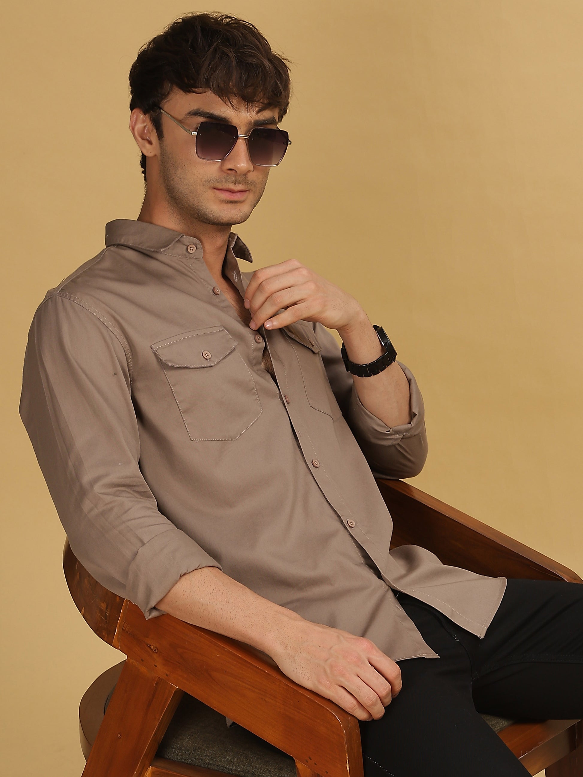 Mens Brown Double Pocket Shirt 