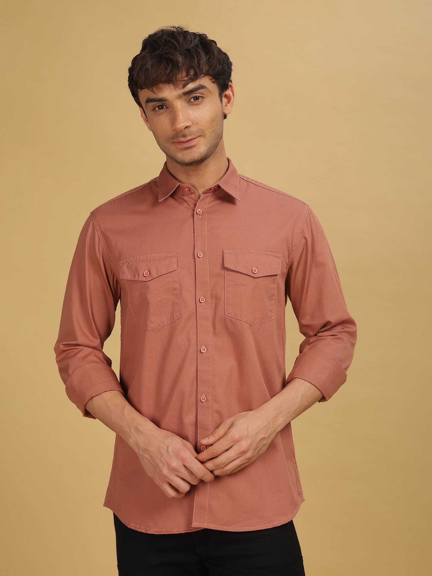 Mens Double Pocket Peach Colour Shirt 