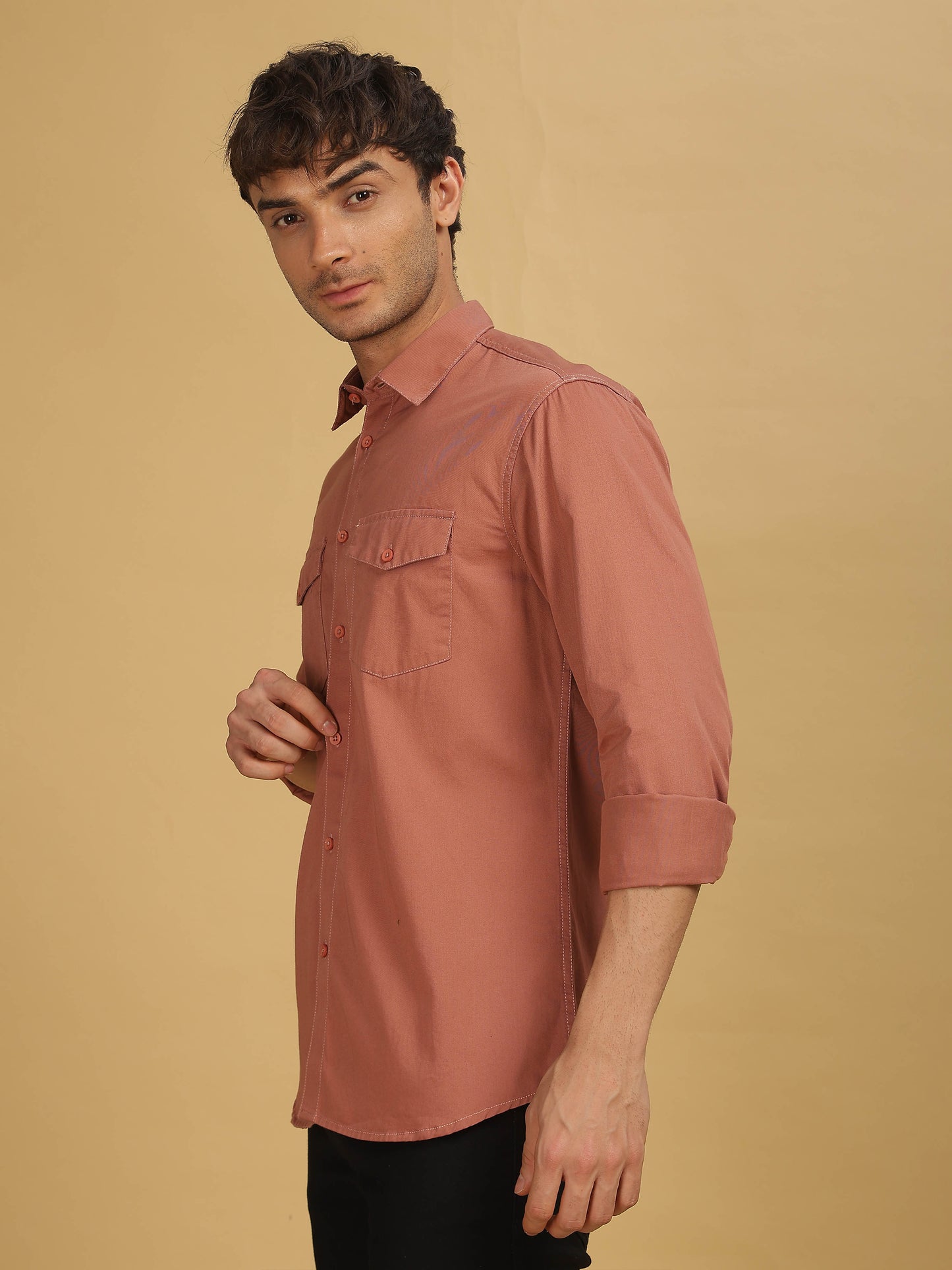 Mens Double Pocket Peach Colour Shirt 