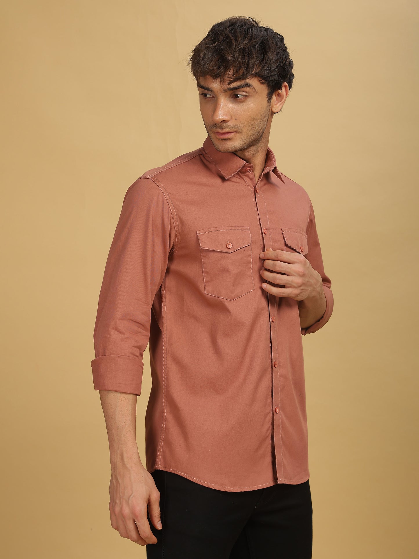 Mens Double Pocket Peach Colour Shirt 