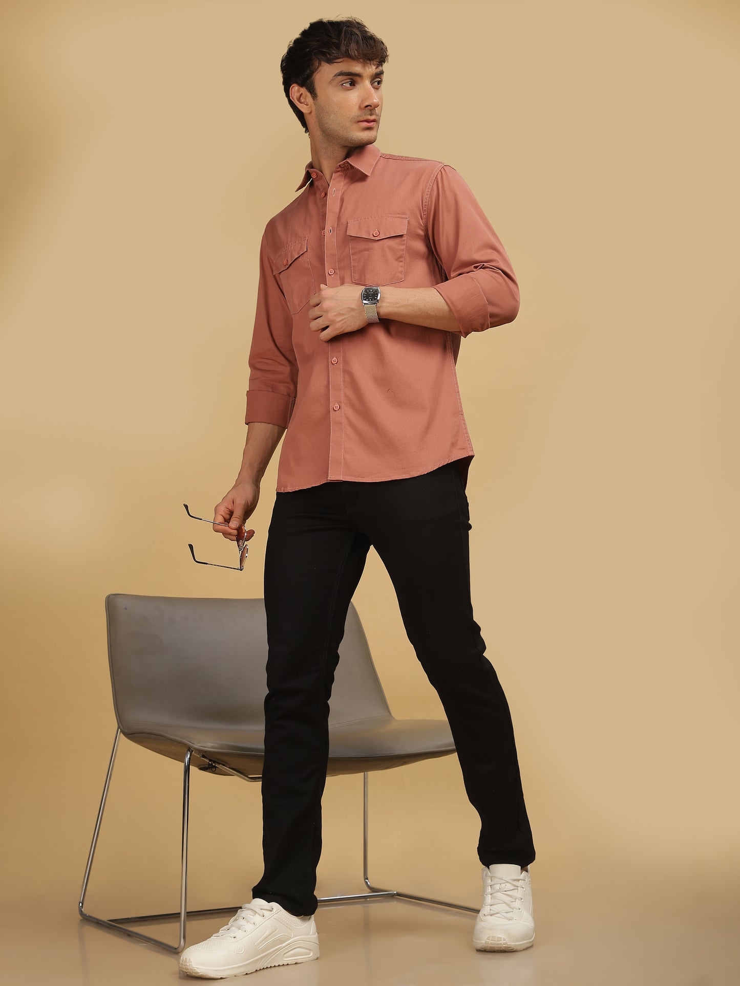 Mens Double Pocket Peach Colour Shirt 