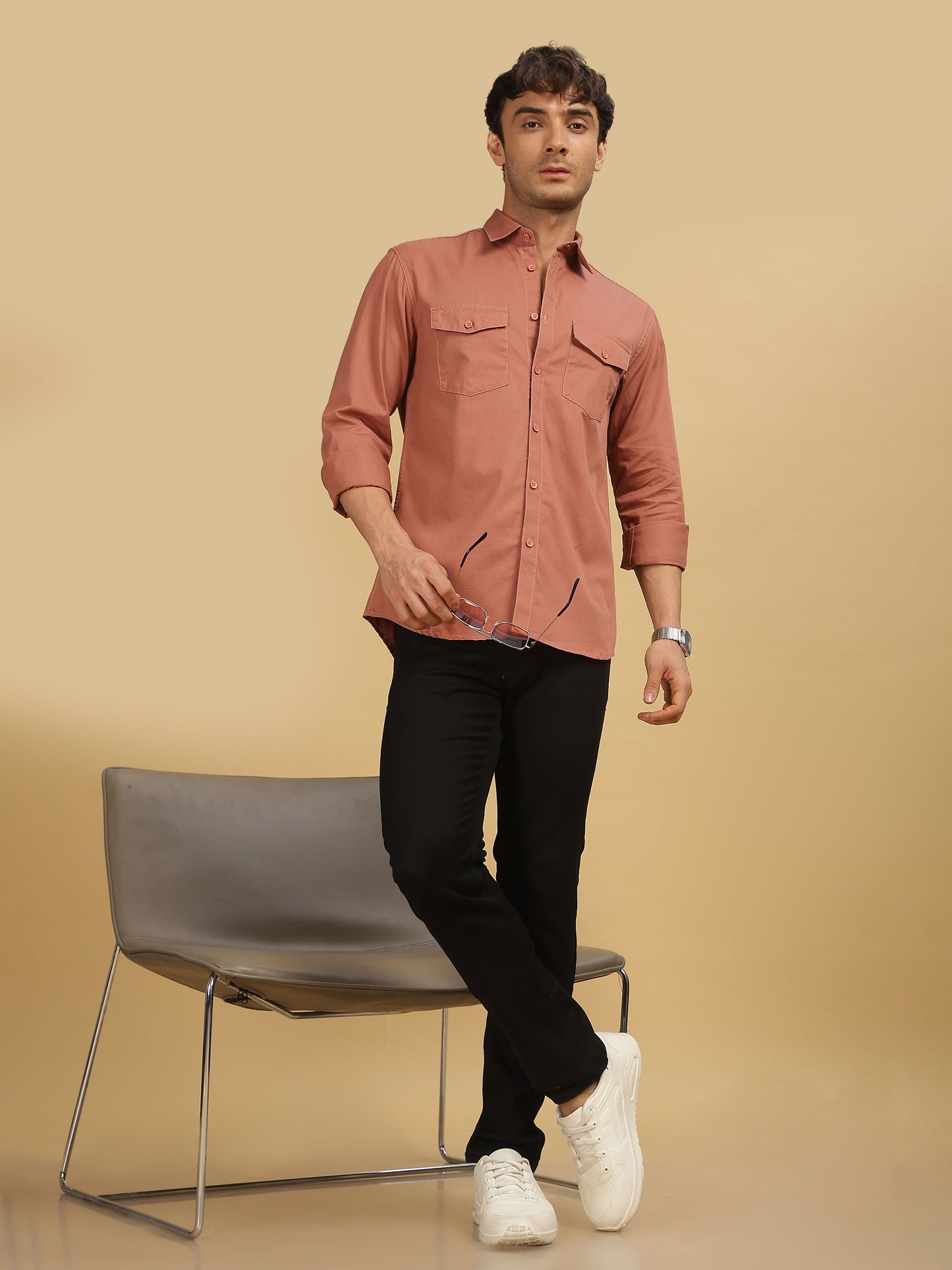 Mens Double Pocket Peach Colour Shirt 