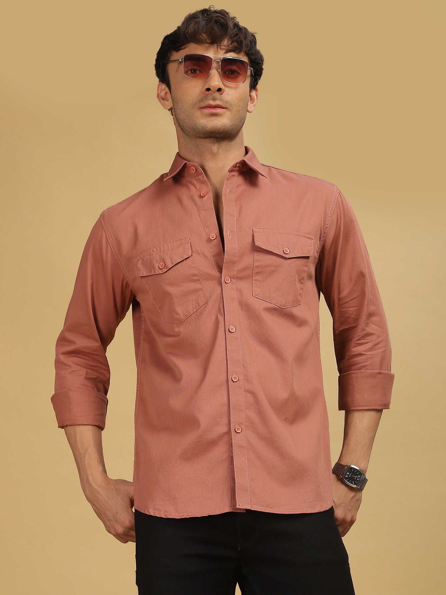 Mens Double Pocket Peach Colour Shirt 