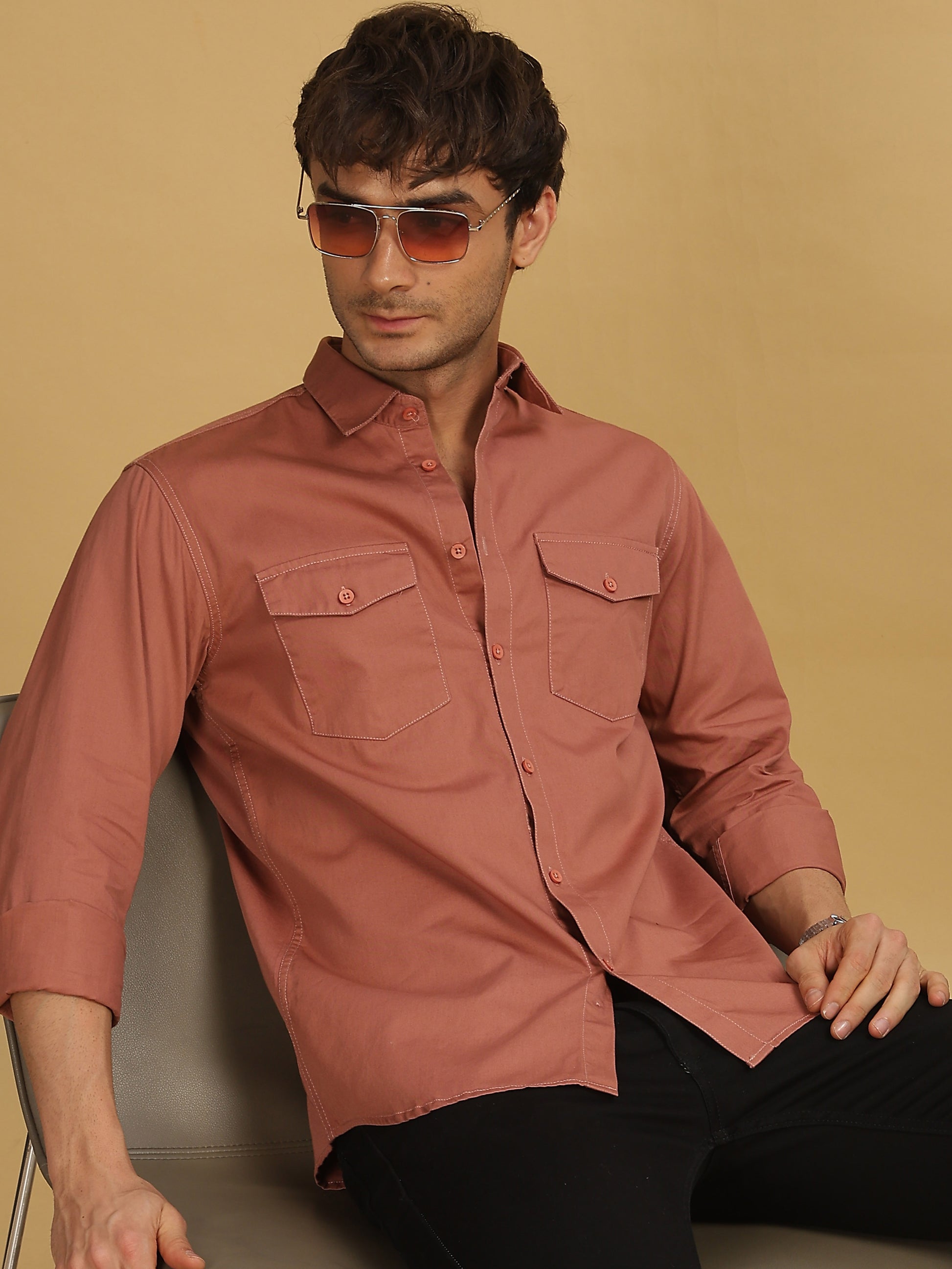 Mens Double Pocket Peach Colour Shirt 