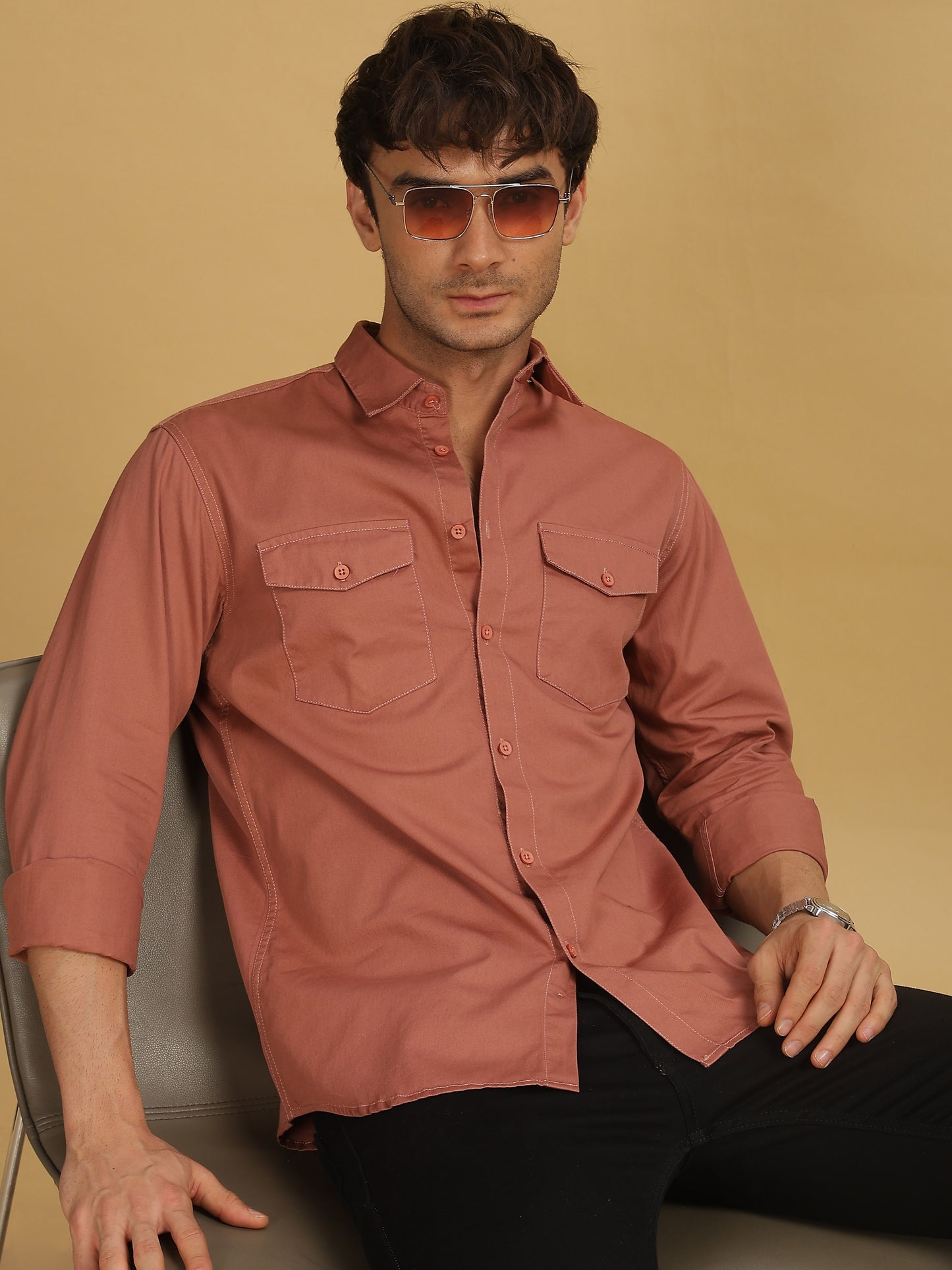 Mens Double Pocket Peach Colour Shirt 