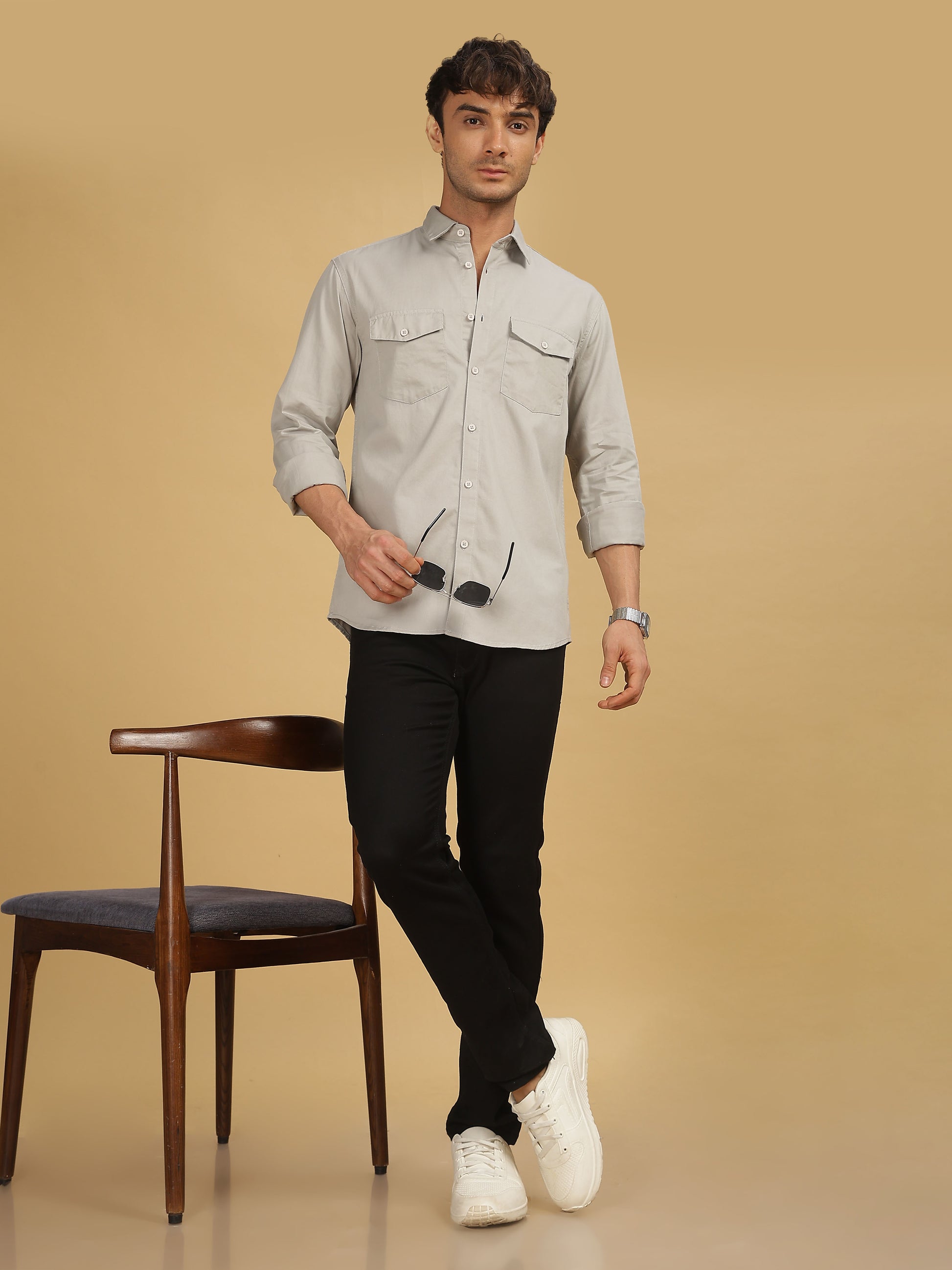 Grey Double Pocket Shirt for Men