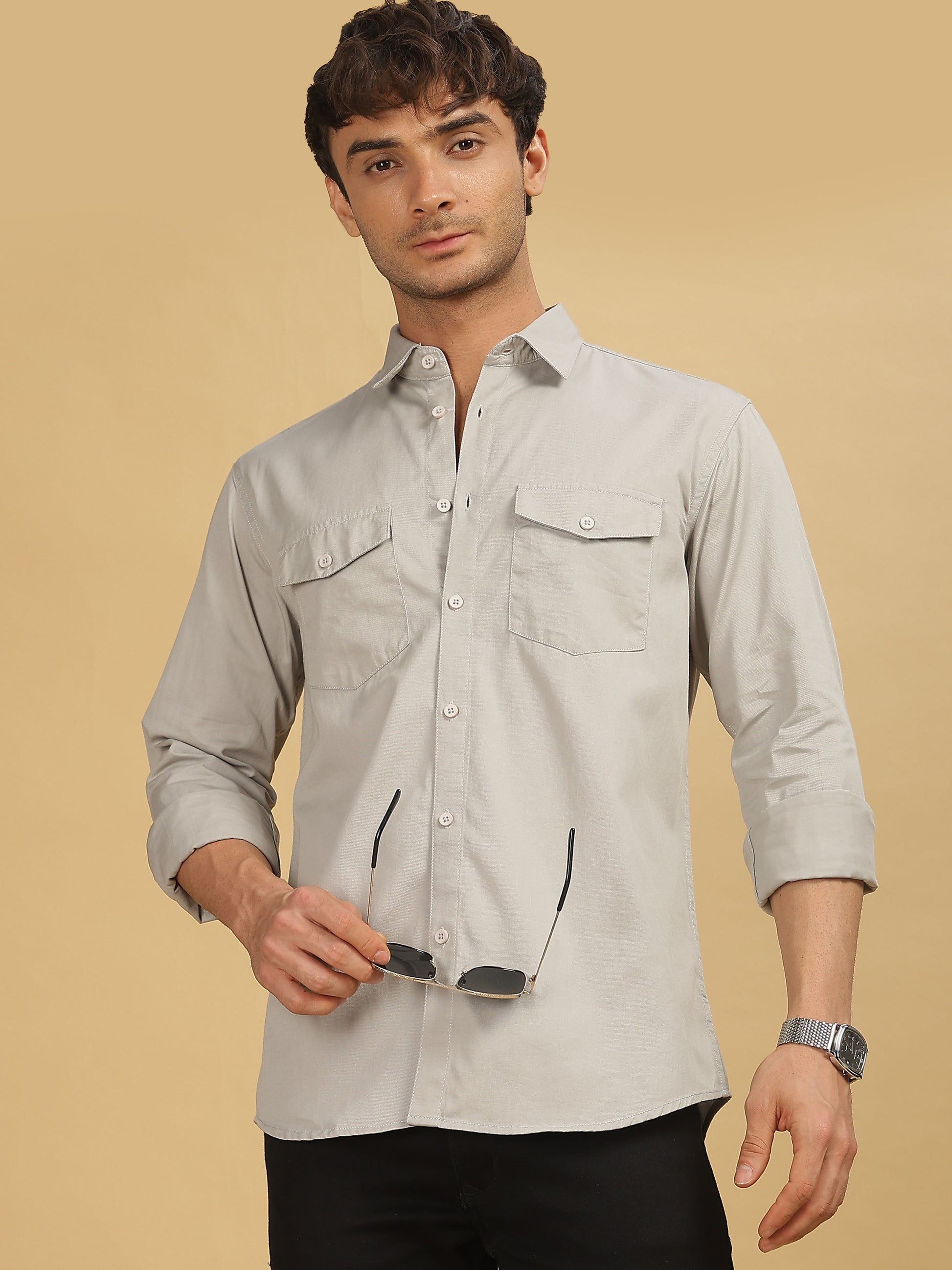 Grey Double Pocket Shirt for Men