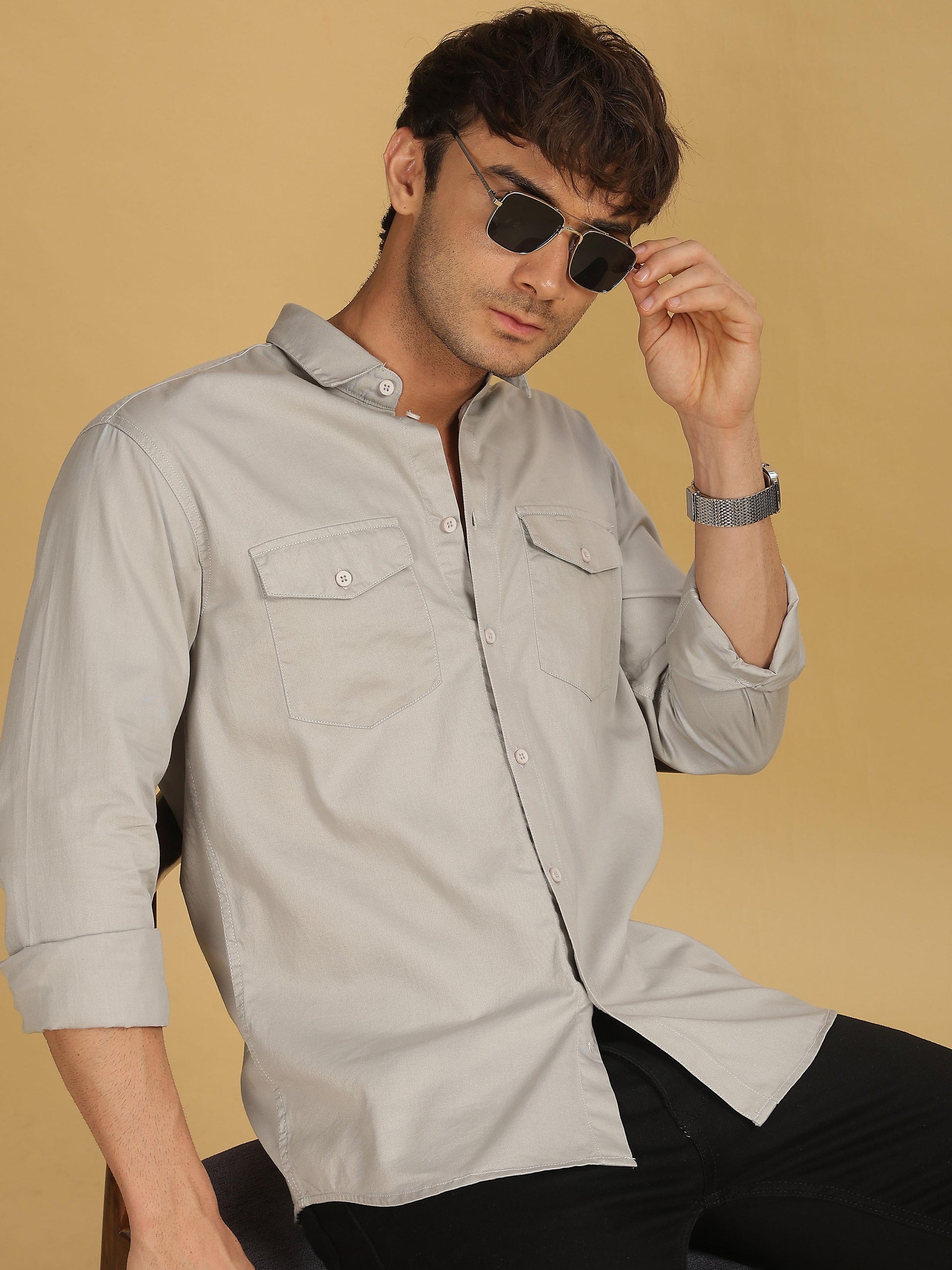 Grey Double Pocket Shirt for Men