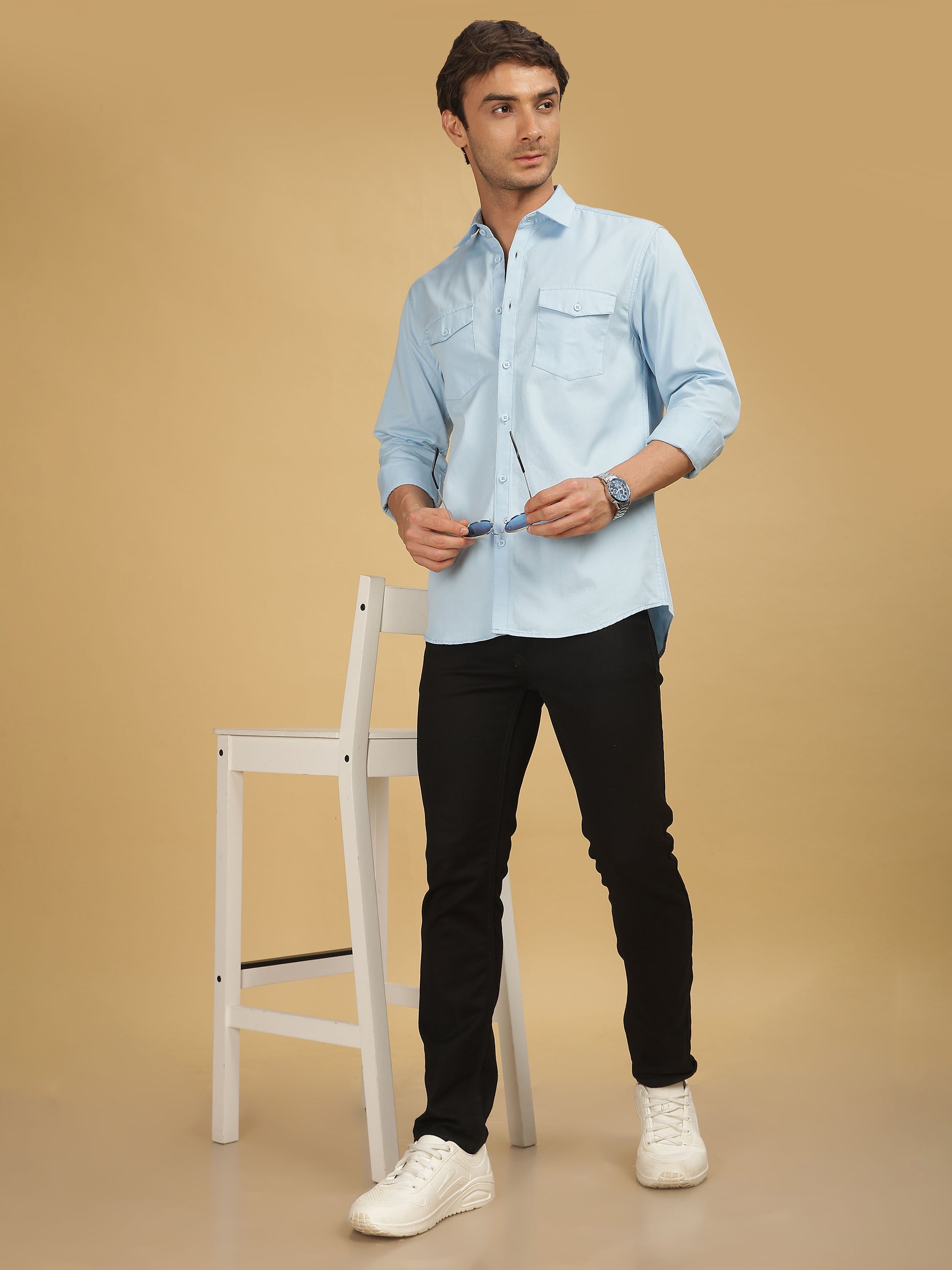 Sky Blue Double Pocket Shirts for Men