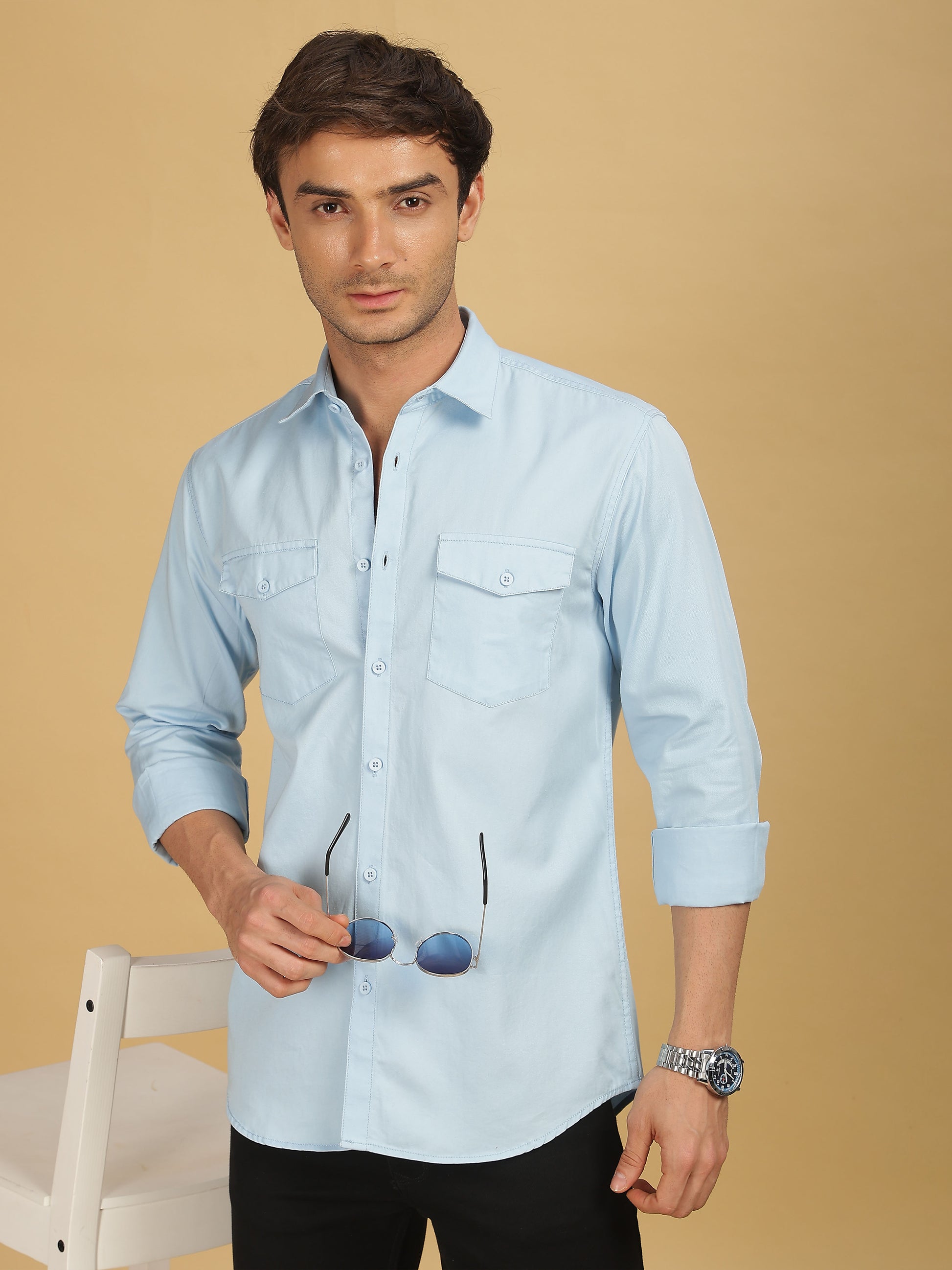 Sky Blue Double Pocket Shirts for Men