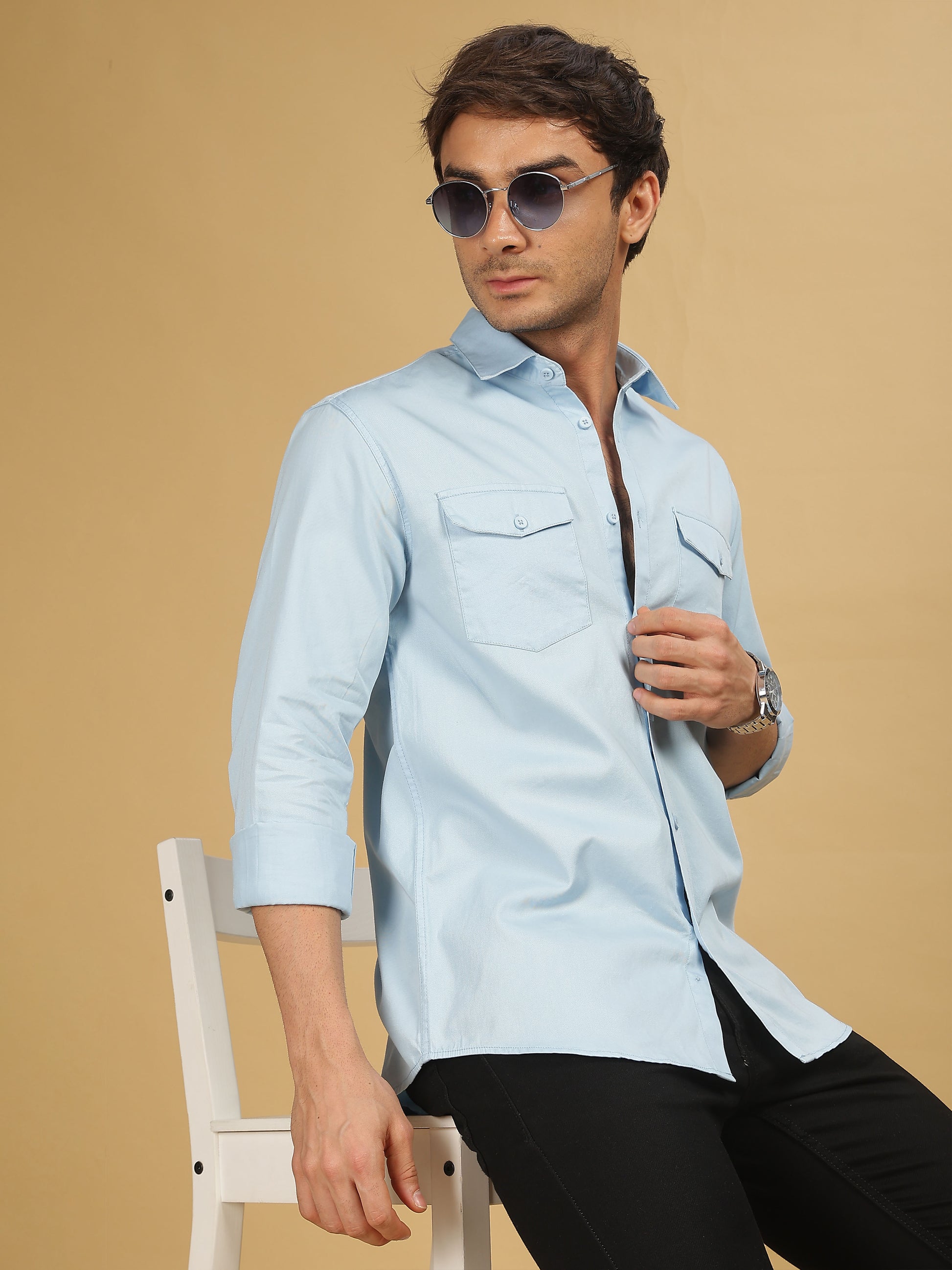 Sky Blue Double Pocket Shirts for Men