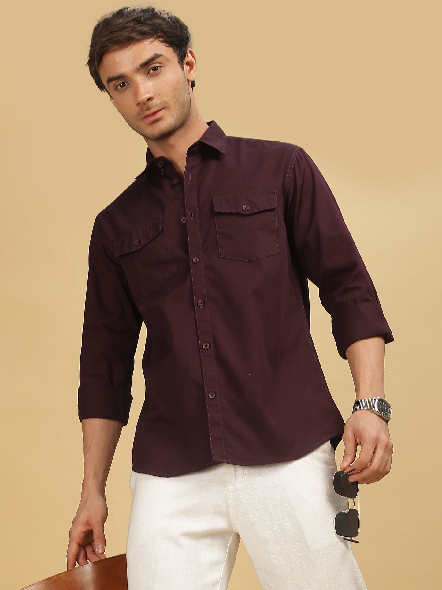 Maroon Double Pocket Shirt for Men