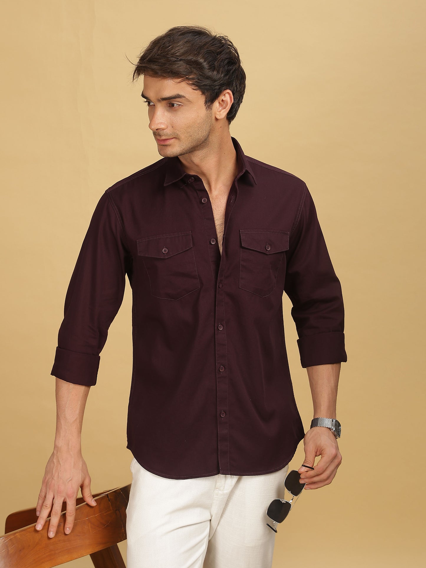 Maroon Double Pocket Shirt for Men