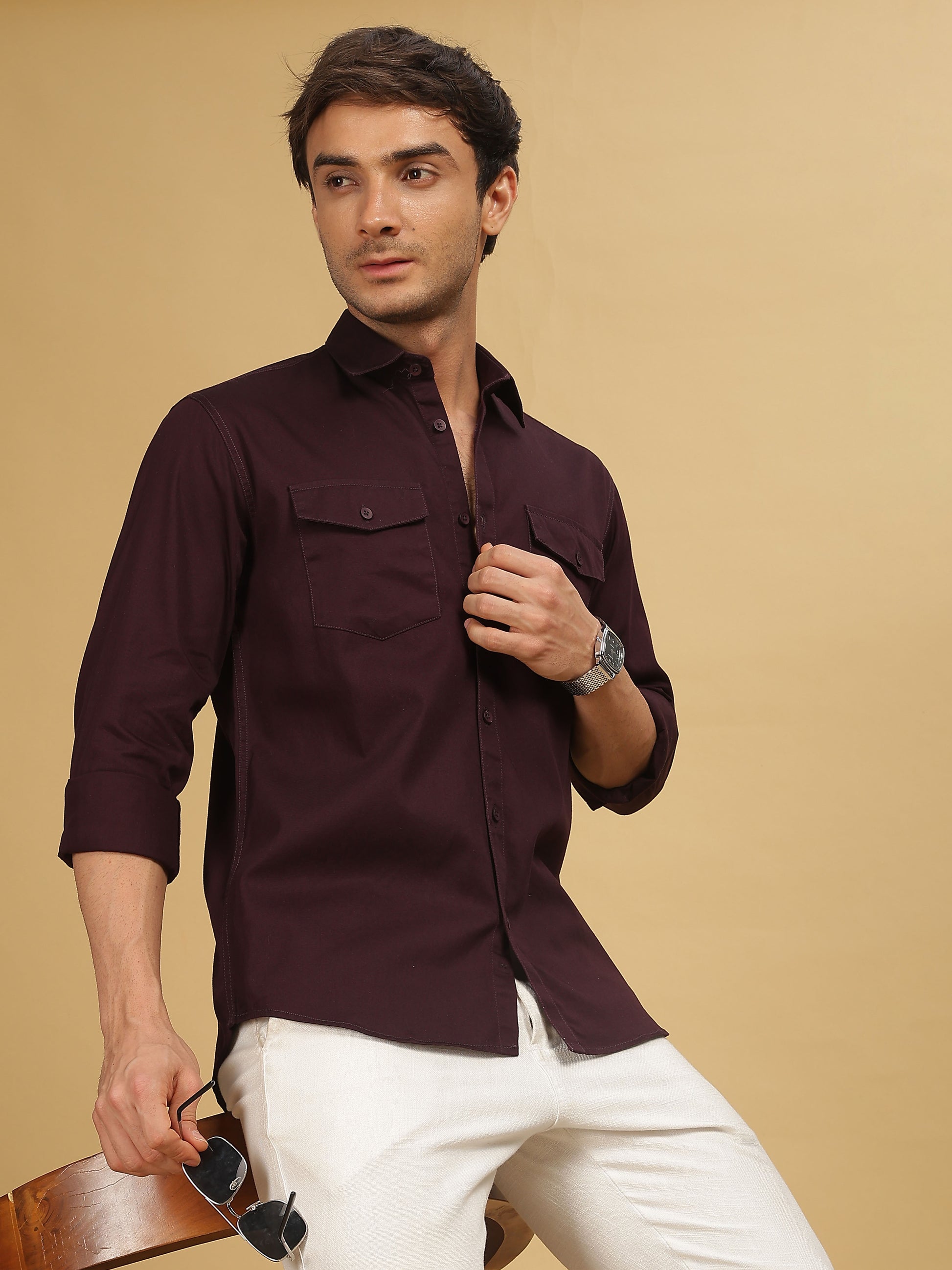 Maroon Double Pocket Shirt for Men