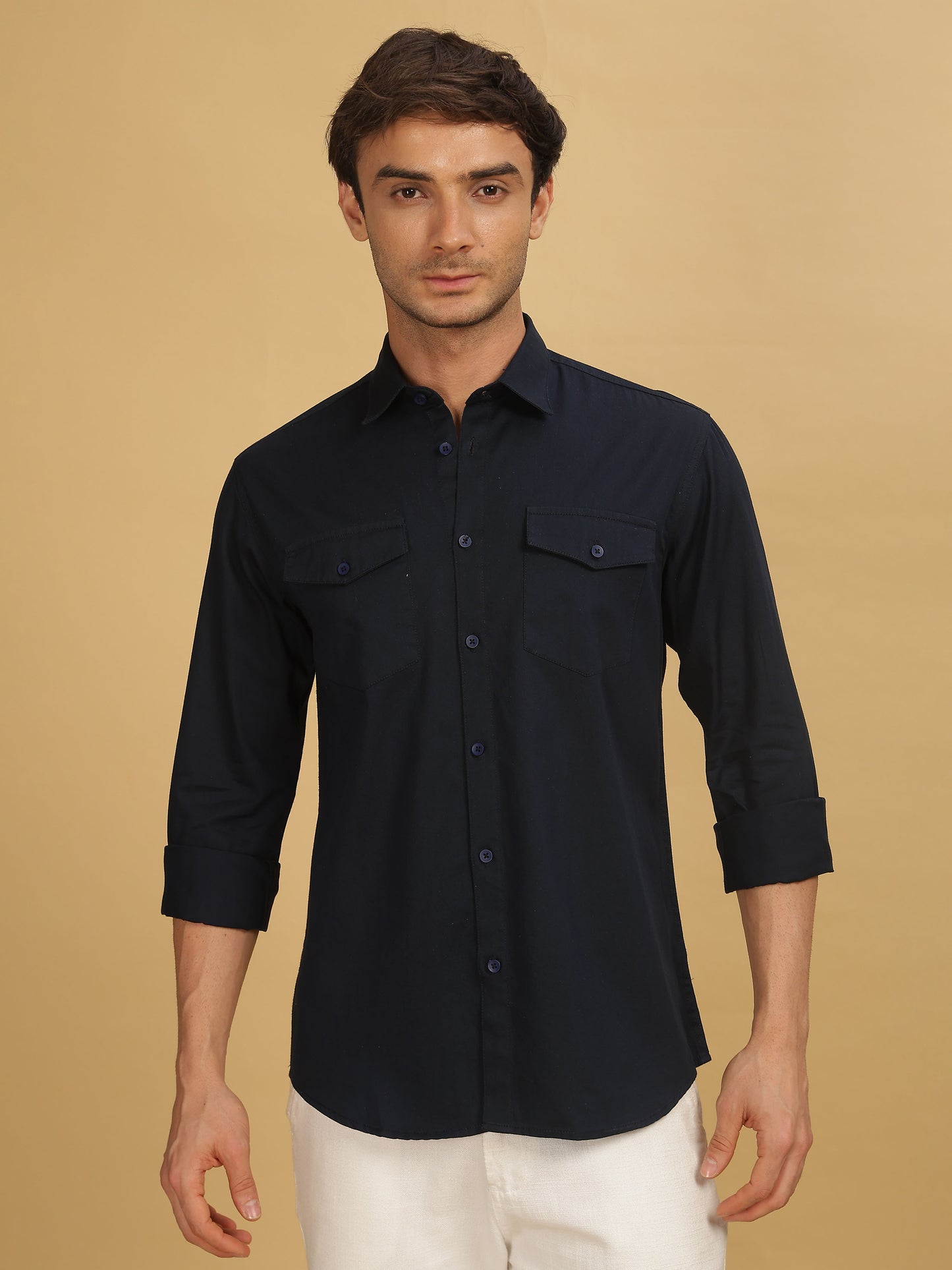  Mens Navy Blue Double Pocket Shirt 