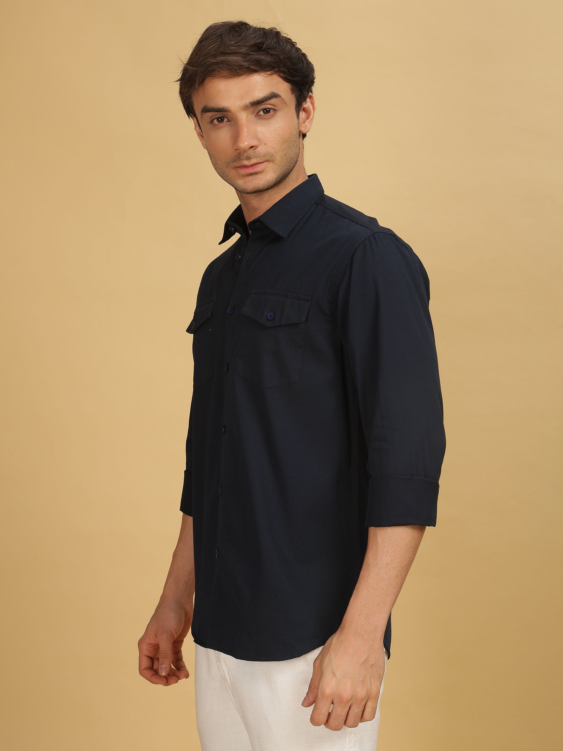  Mens Navy Blue Double Pocket Shirt 