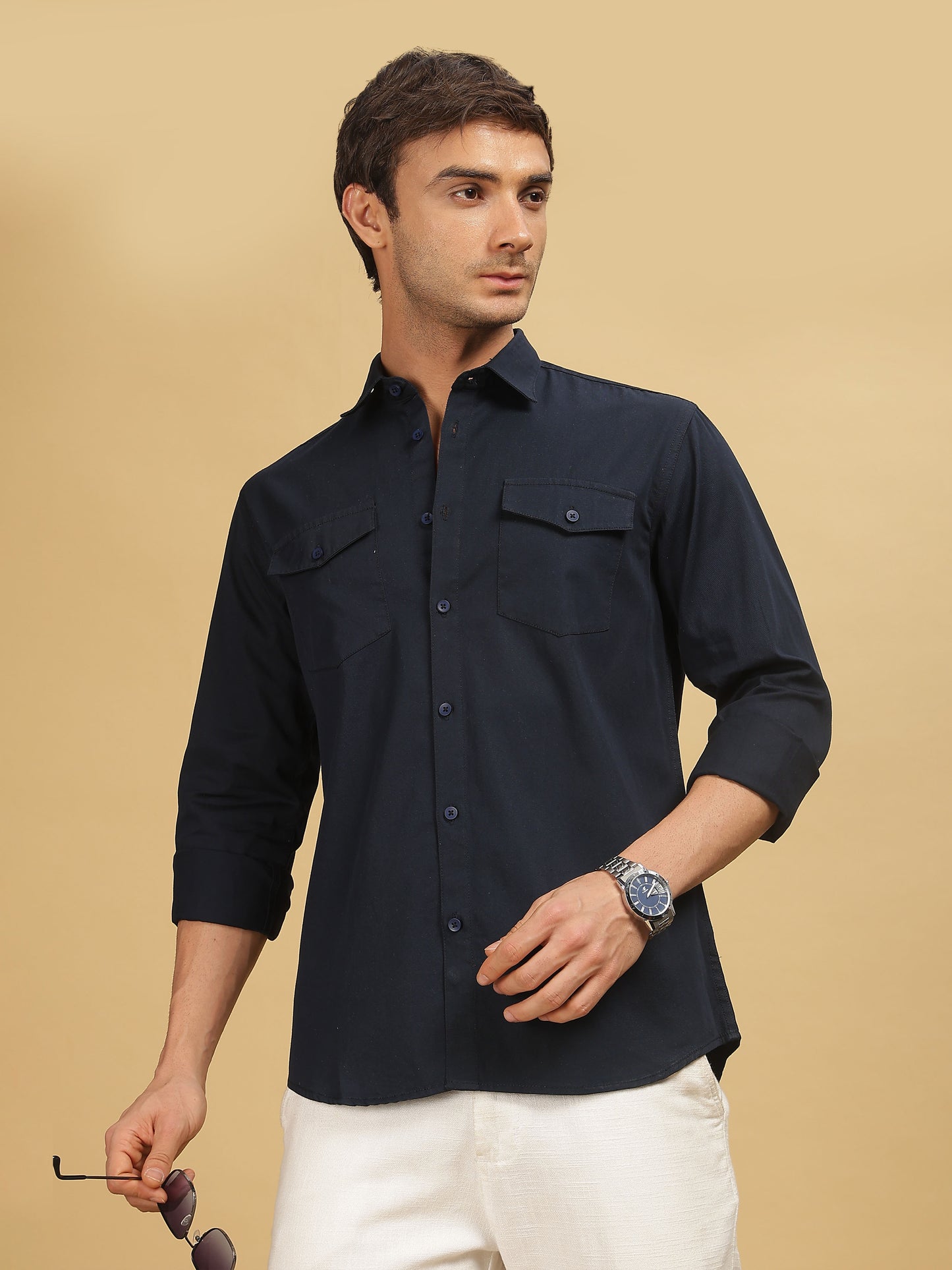  Mens Navy Blue Double Pocket Shirt 