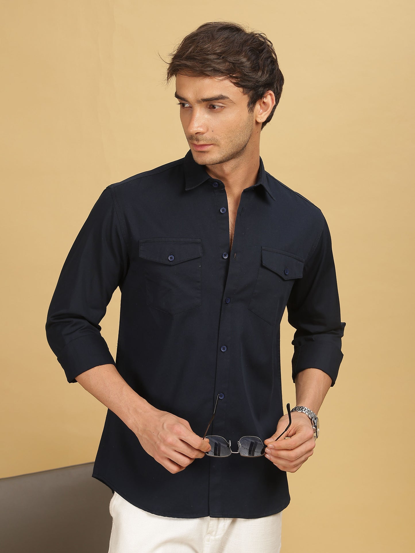  Mens Navy Blue Double Pocket Shirt 